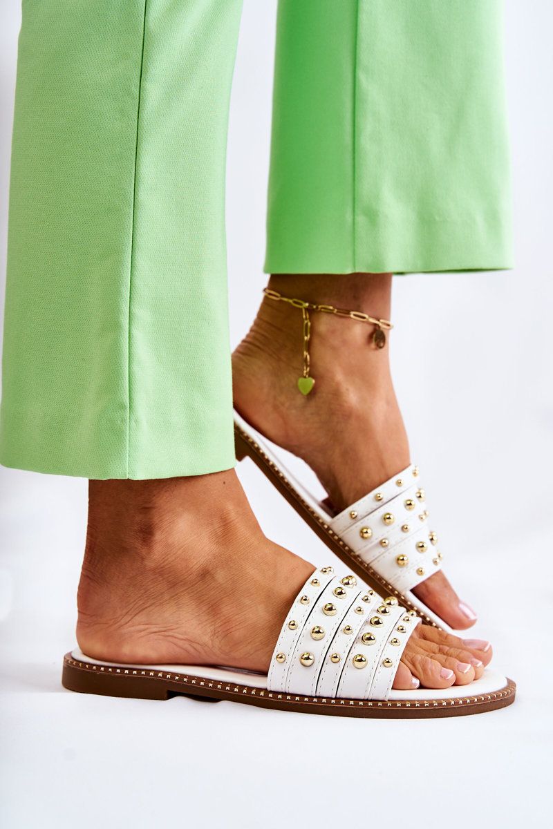 Women's leather slippers with Brien white decoration