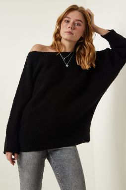 Happiness İstanbul Women's Black Boat Neck Seasonal Oversize Knitwear Sweater