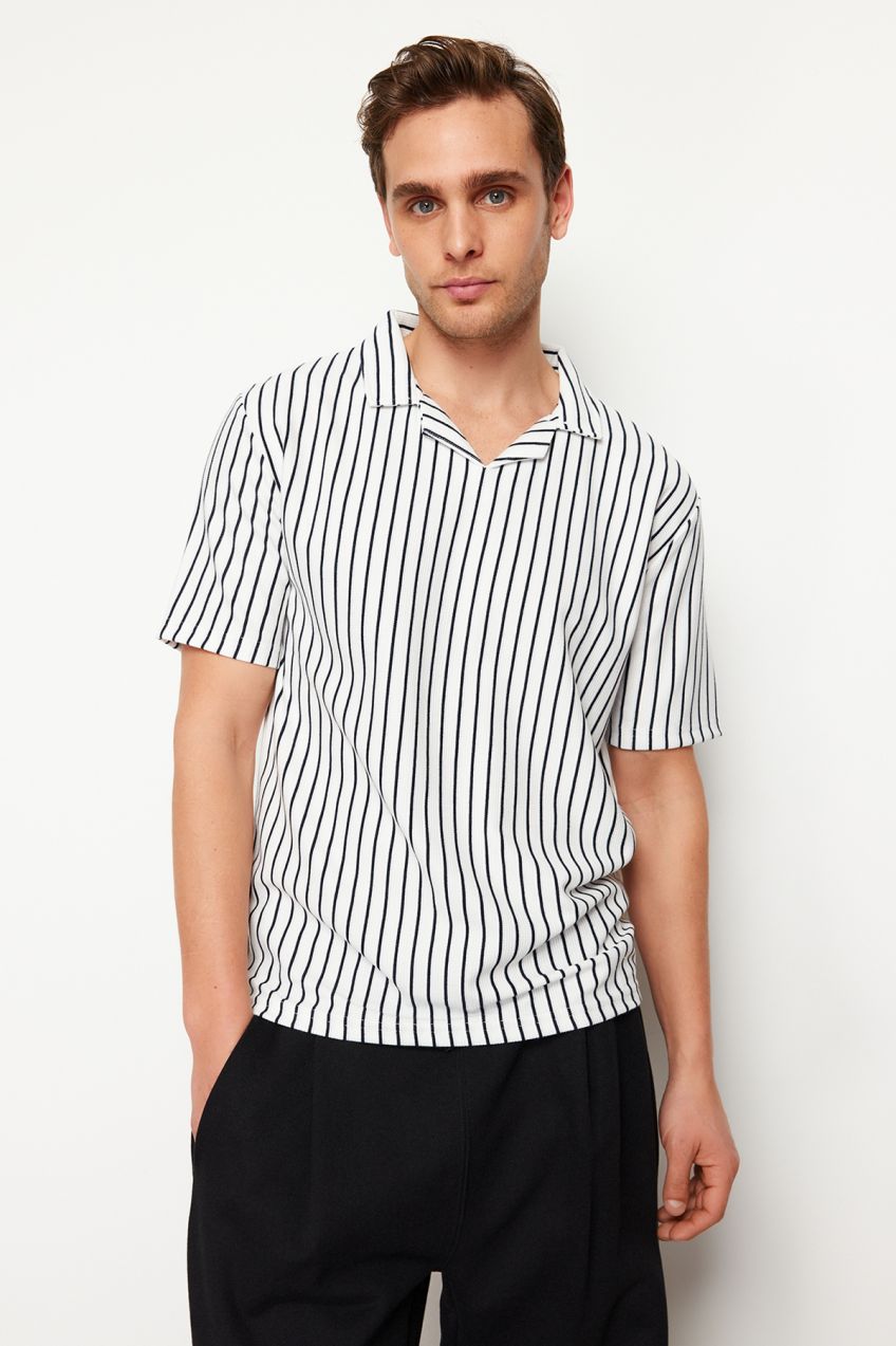 Trendyol Navy Blue Regular/Normal Cut Striped Textured Polo Neck T-shirt