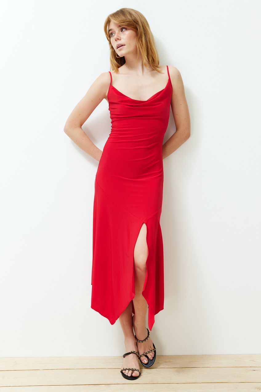 Trendyol Red Turndown Collar Strappy Body-Shouldered Slit Flexible Knitted Midi Dress