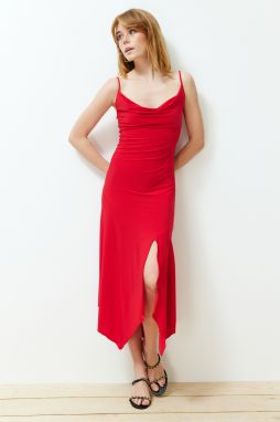 Trendyol Red Turndown Collar Strappy Body-Shouldered Slit Flexible Knitted Midi Dress