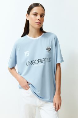 Trendyol Blue Oversize Slogan Printed Knitted T-Shirt