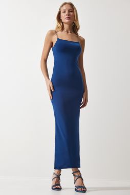 Happiness İstanbul Women's Blue Rope Strap Slit Wrap Sandy Dress
