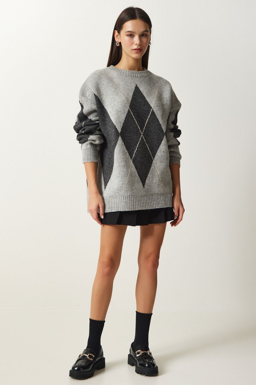 Happiness İstanbul Women's Light Gray Premium Diamond Pattern Oversize Knitwear Sweater