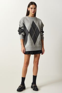 Happiness İstanbul Women's Light Gray Premium Diamond Pattern Oversize Knitwear Sweater