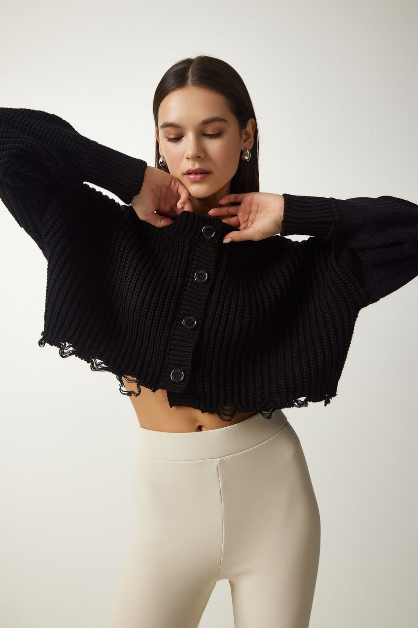 Happiness İstanbul Women's Black Ripped Detailed Buttoned Crop Knitwear Cardigan