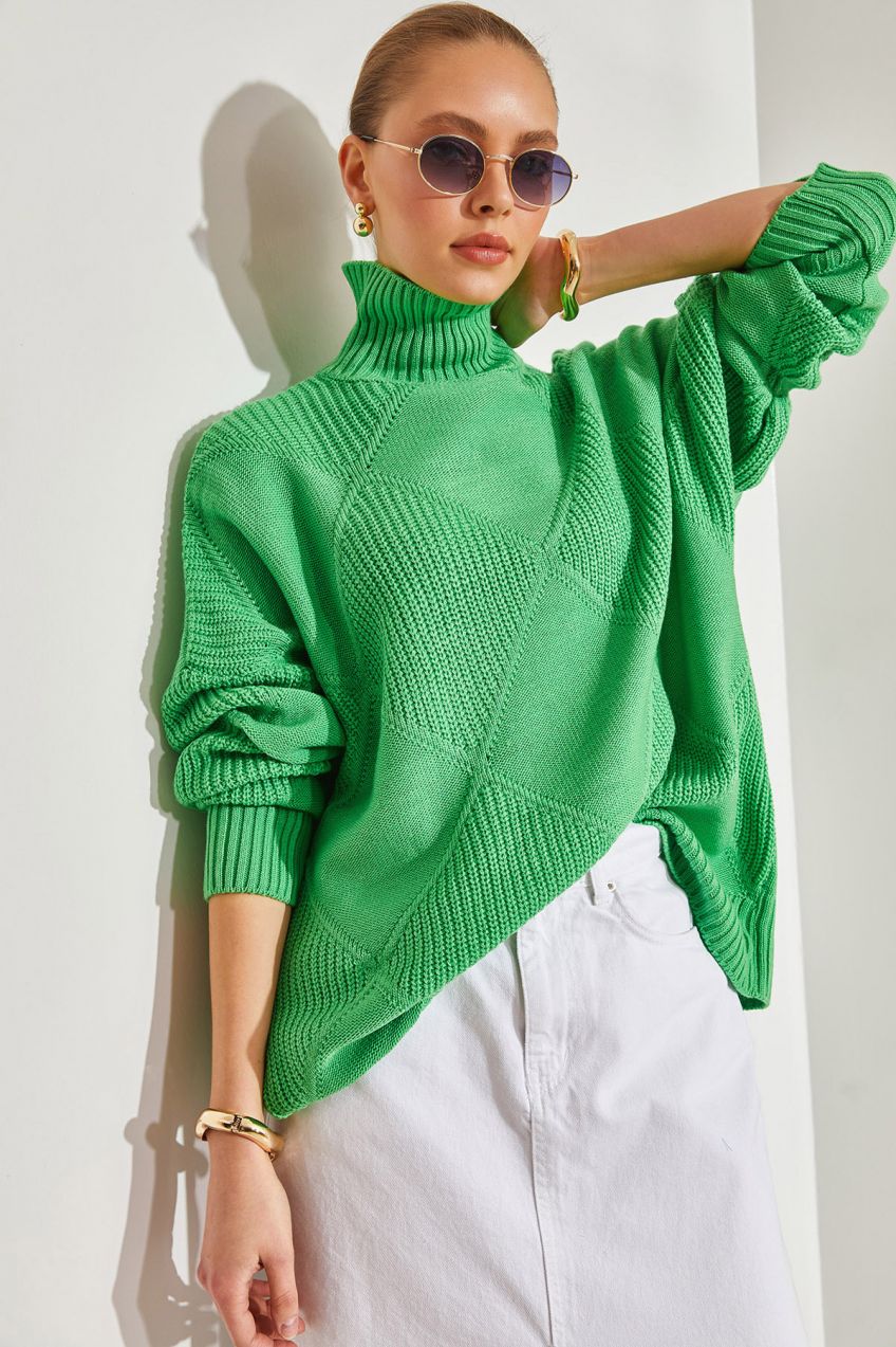Bianco Lucci Women's Turtleneck Patterned Knitwear Sweater