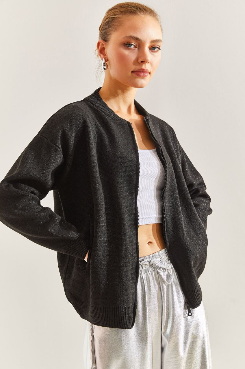 Bianco Lucci Women's Silvery Pocket Zippered Knitwear Cardigan