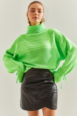 Bianco Lucci Women's Turtleneck Sleeves Lace Up Patterned Knitwear Sweater