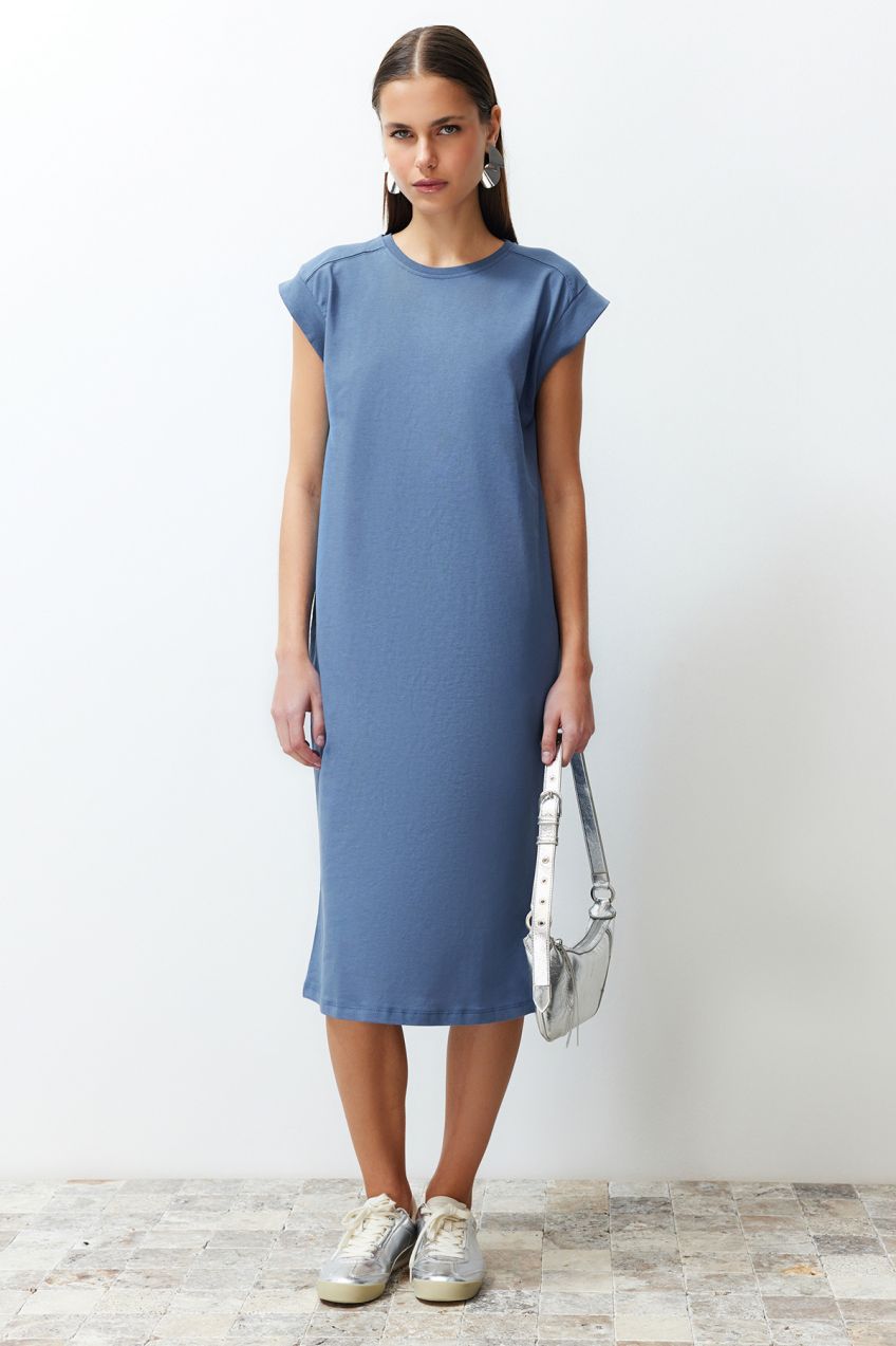 Trendyol Indigo Plain T-shirt Dress 100% Cotton Moon Sleeve Shift/Relaxed Cut Midi Midi Dress