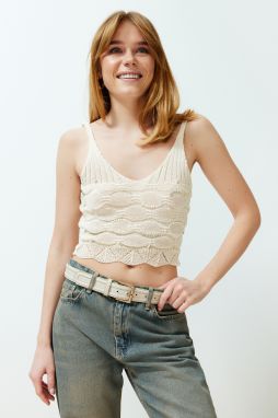 Trendyol Ecru Strap Openwork/Hole Crop Knitwear Blouse