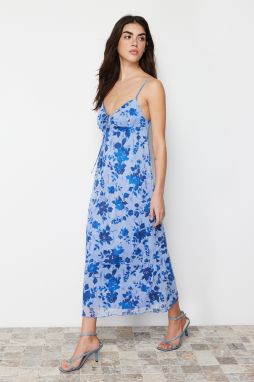 Trendyol Blue Floral Pleated Maxi Printed Maxi Length Sweetheart Neck Knitted Dress