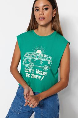 Trendyol Green 100% Cotton Printed Sleeveless Crop Crew Neck Knitted T-Shirt
