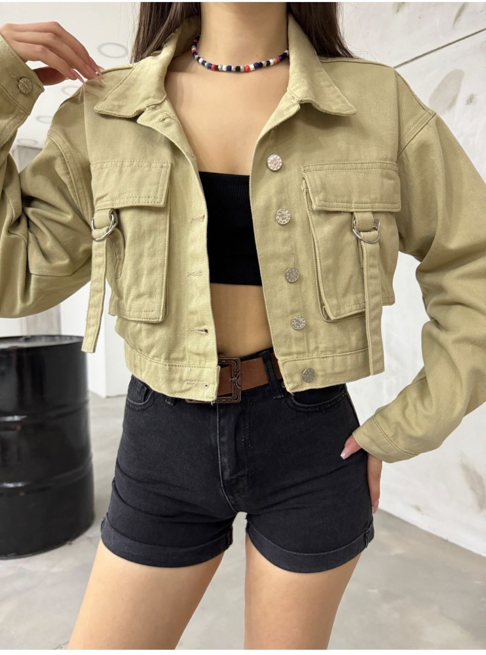 BİKELİFE Women's Pocket Detailed Oversized Crop Denim Jacket