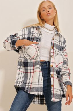 Trend Alaçatı Stili Women's Navy-Striped Checkered Cachet Cotton Oversize Safari Jacket Shirt