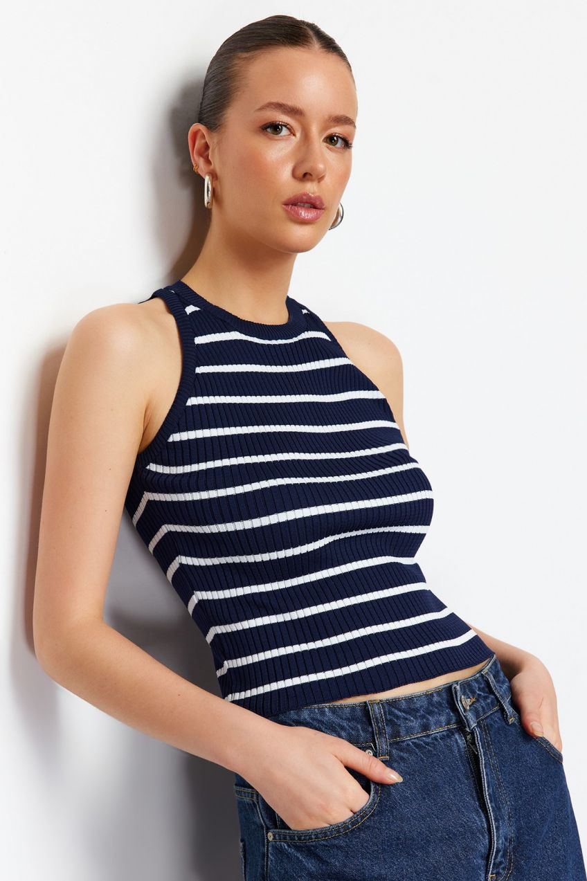 Trendyol Navy Blue Striped Barbell Neck Knitwear Blouse