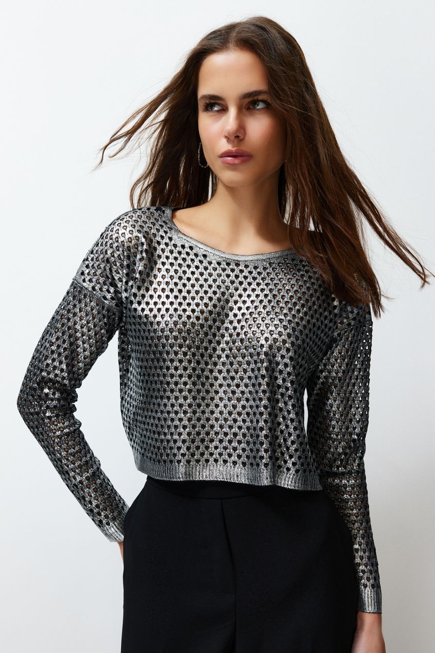 Trendyol Silver Foil Printed Openwork/Hole Knitwear Sweater