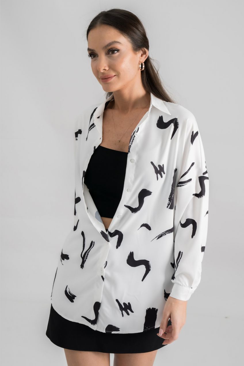 armonika Women's Black and White Patterned Oversize Long Basic Shirt