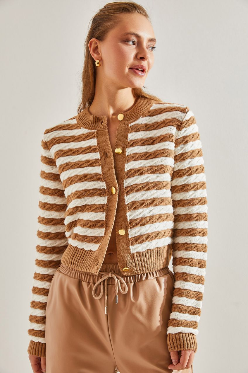 Bianco Lucci Women's Buttoned Side Braided Striped Knitwear Cardigan
