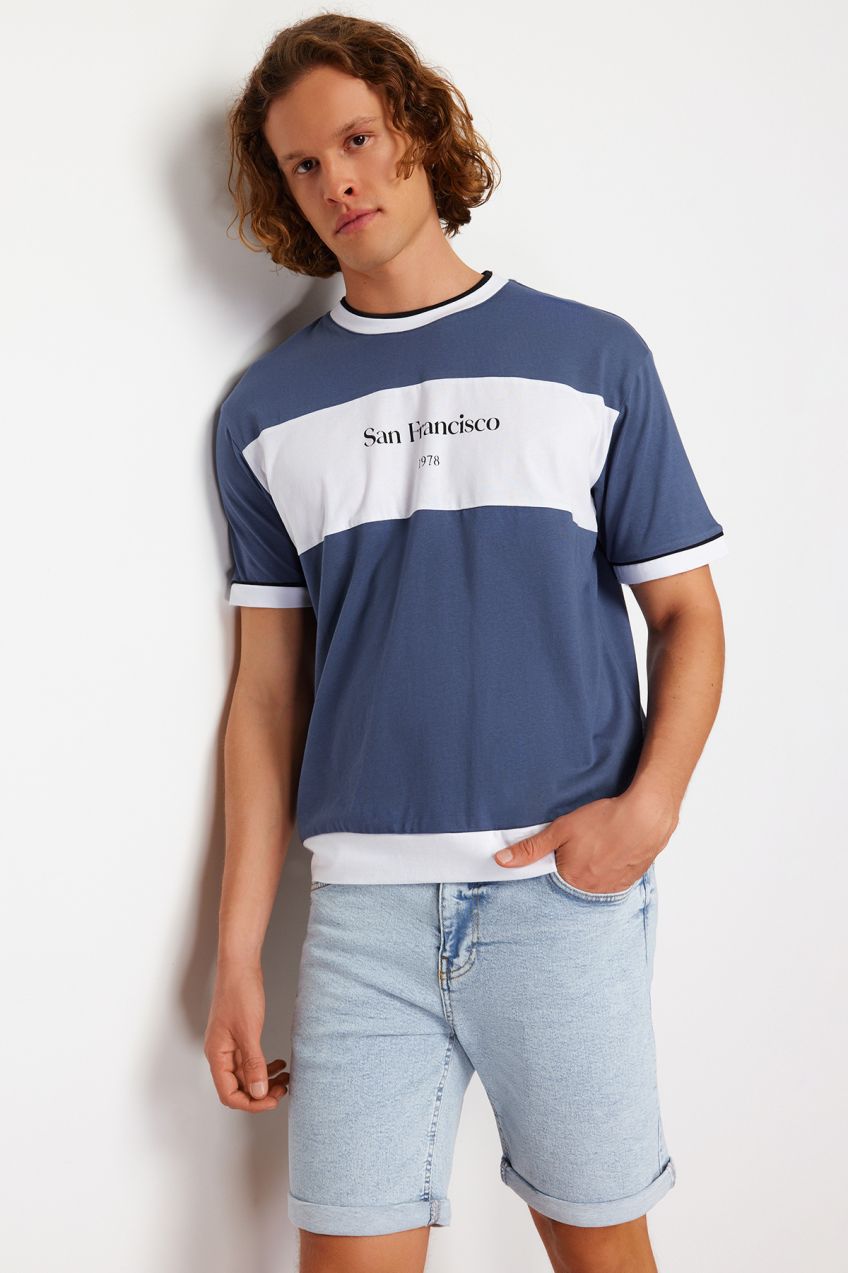 Trendyol Indigo Relaxed/Comfortable Cut Color Block Printed 100% Cotton T-Shirt