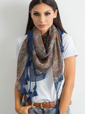 Scarf with fringe and dark blue print