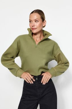 Trendyol Khaki Parachute Detail Polo Neck Zipper Stopper Fleece Crop Knitted Sweatshirt