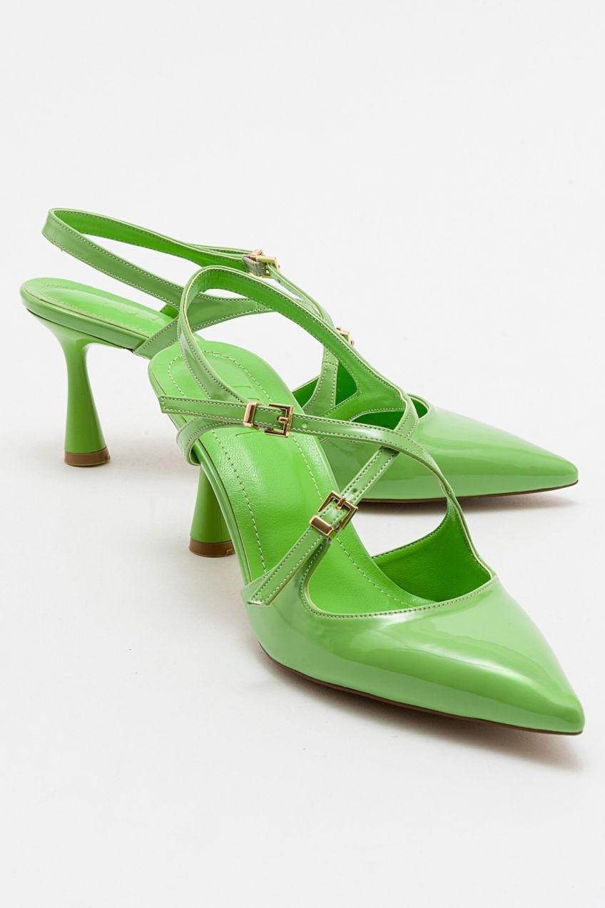 LuviShoes Peanut Green Patent Leather Women's Pointed Toe Thin Heel Shoes