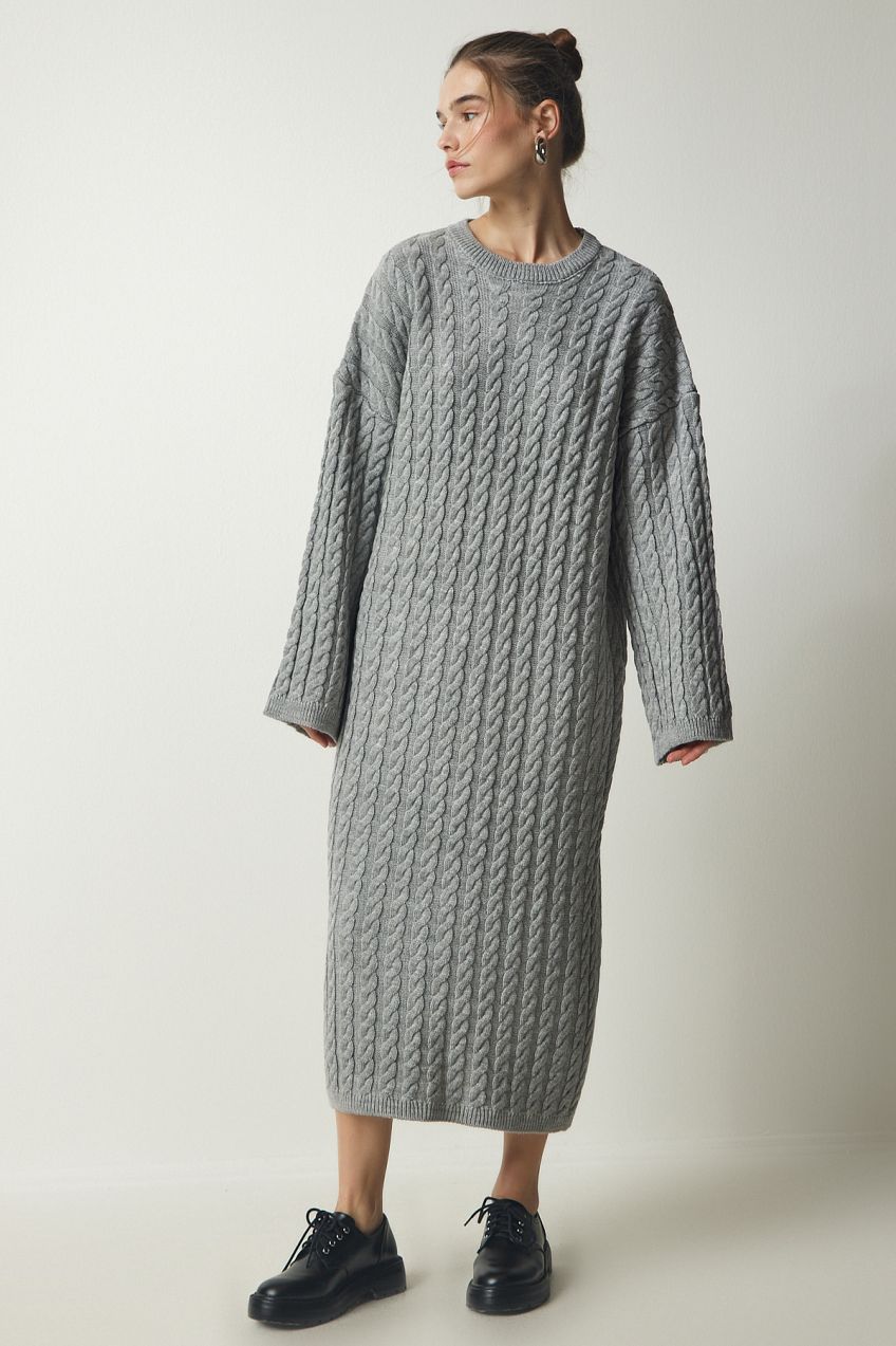 Happiness İstanbul Women's Gray Knit Detailed Thick Oversize Knitwear Dress
