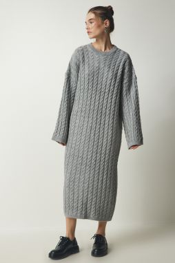 Happiness İstanbul Women's Gray Knit Detailed Thick Oversize Knitwear Dress