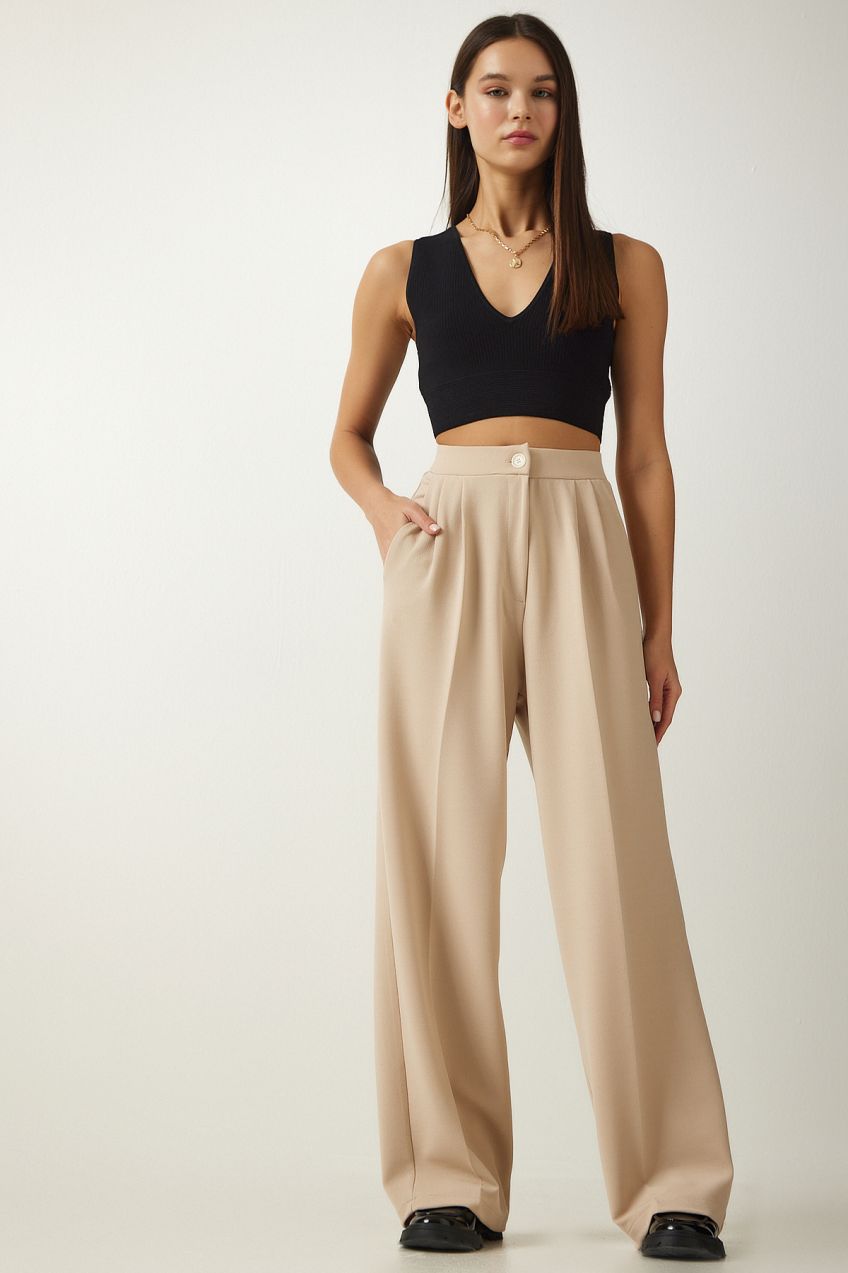Happiness İstanbul Women's Cream Pleated Palazzo Trousers