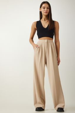Happiness İstanbul Women's Cream Pleated Palazzo Trousers