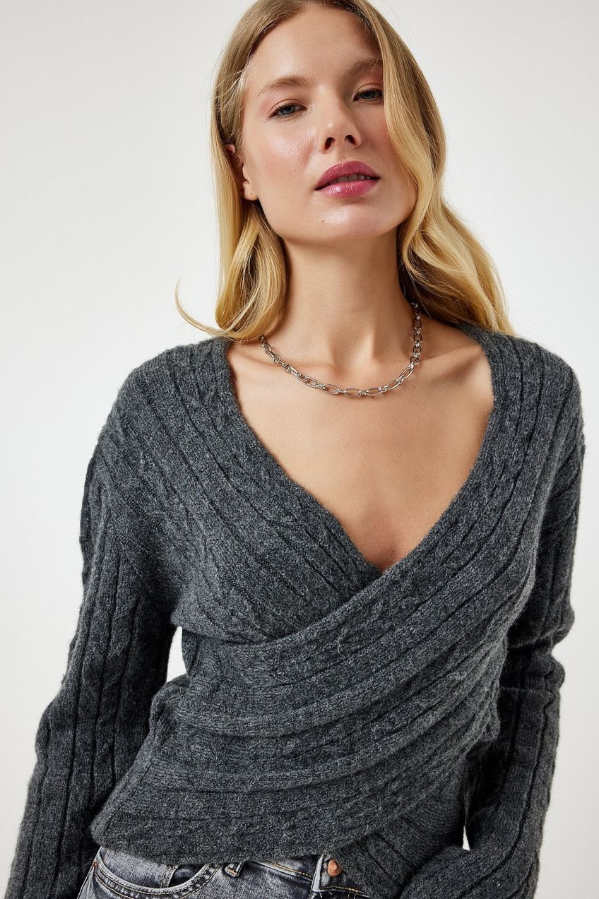 Happiness İstanbul Women's Anthracite Wrap Collar Seasonal Knitwear Sweater