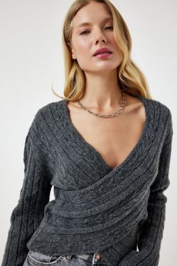Happiness İstanbul Women's Anthracite Wrap Collar Seasonal Knitwear Sweater