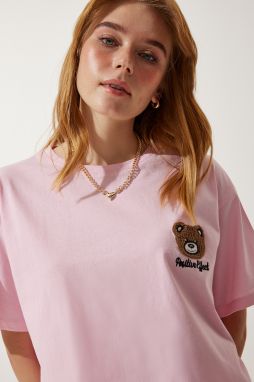 Happiness İstanbul Women's Light Pink Teddy Bear Crest Crop Knitted T-Shirt