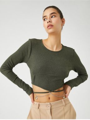 Koton Crop Tričko s Dlhým Rukávom s Detailmi Reťaze a Motýľa, Okrúhly Výstrih