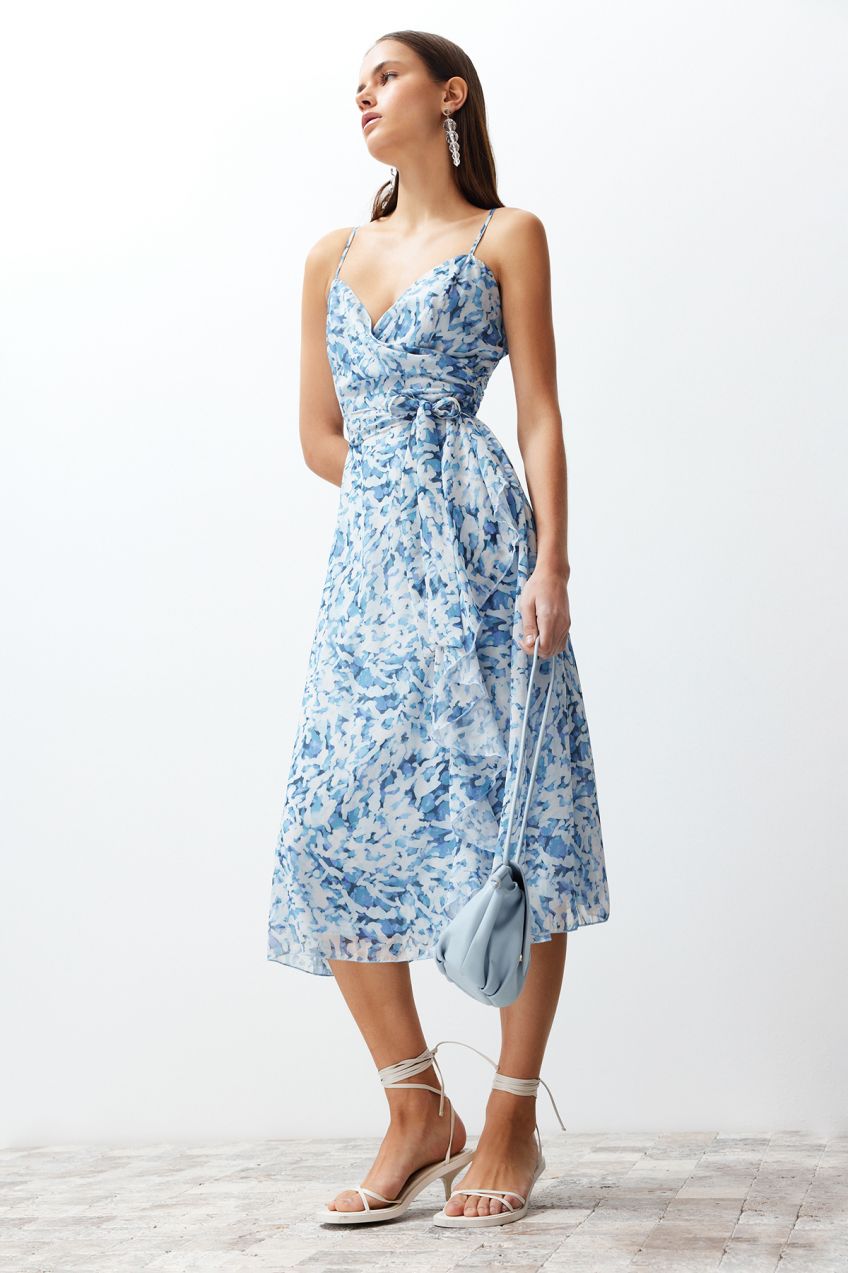 Trendyol Blue Animal Patterned Flounced Skirt Chiffon Lined Midi Woven Dress