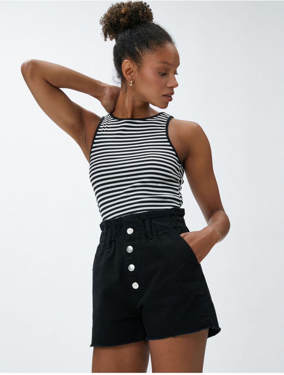 Koton High Waist Denim Shorts With Pockets, Elasticated Buttons