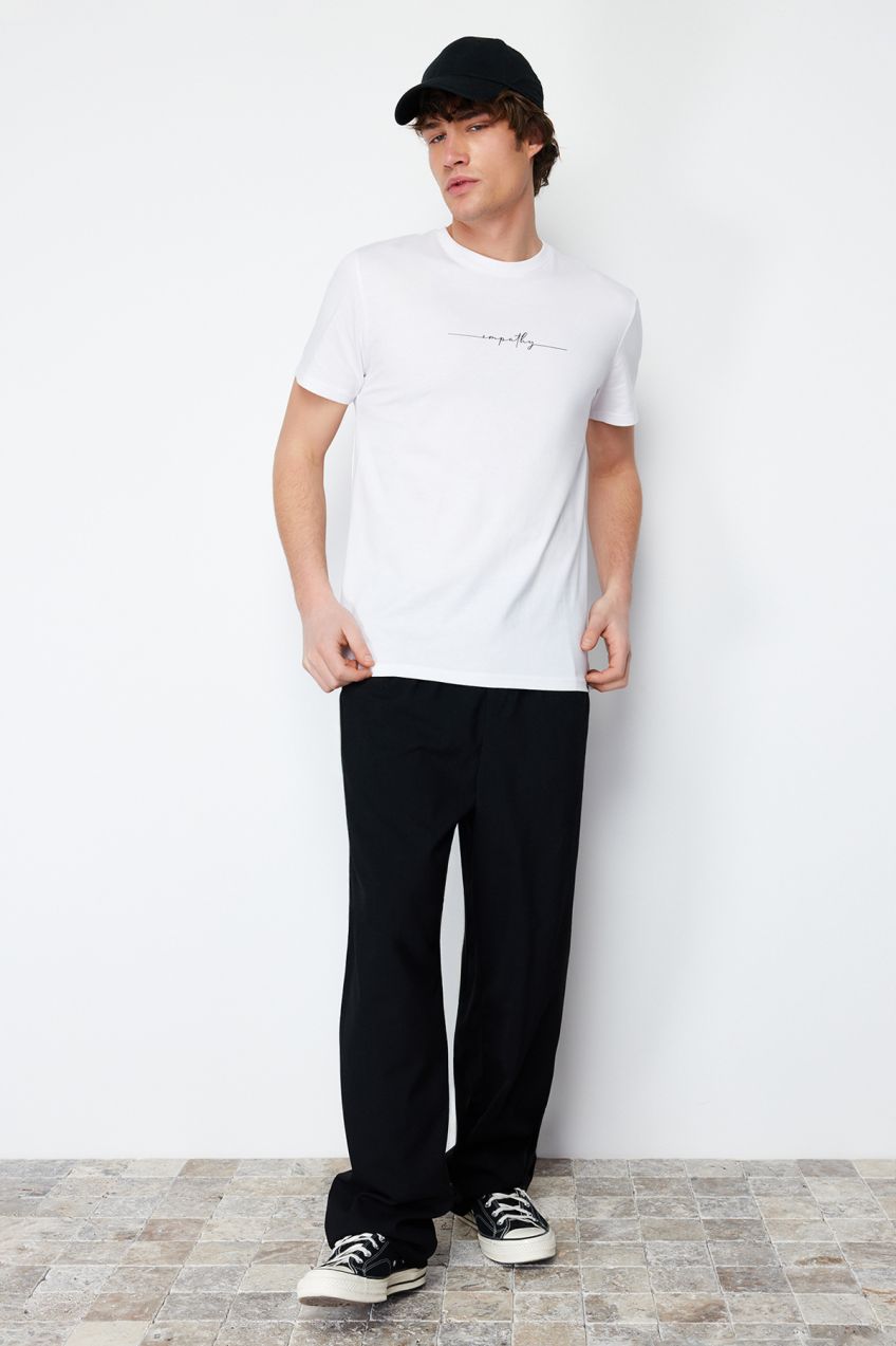 Trendyol White Regular Cut Text Printed 100% Cotton Label Appliqued T-shirt