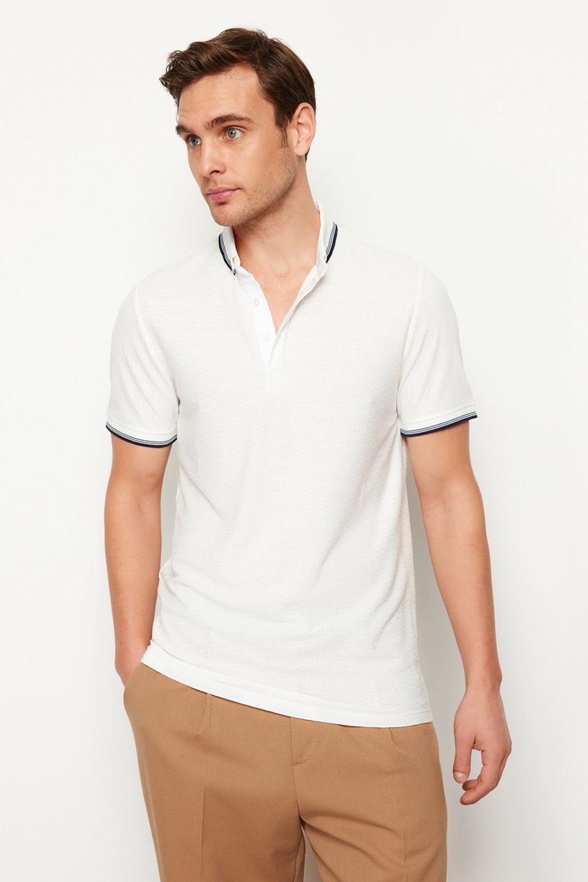 Trendyol White Regular/Normal Cut Color Blocked Textured Polo Neck T-shirt