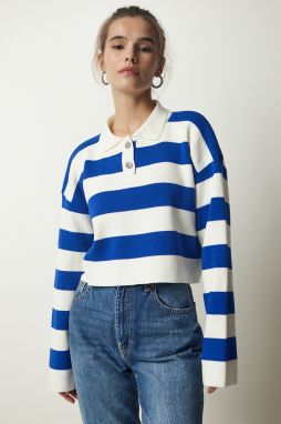 Happiness İstanbul Women's White Blue Stylish Buttoned Collar Striped Crop Knitwear Sweater