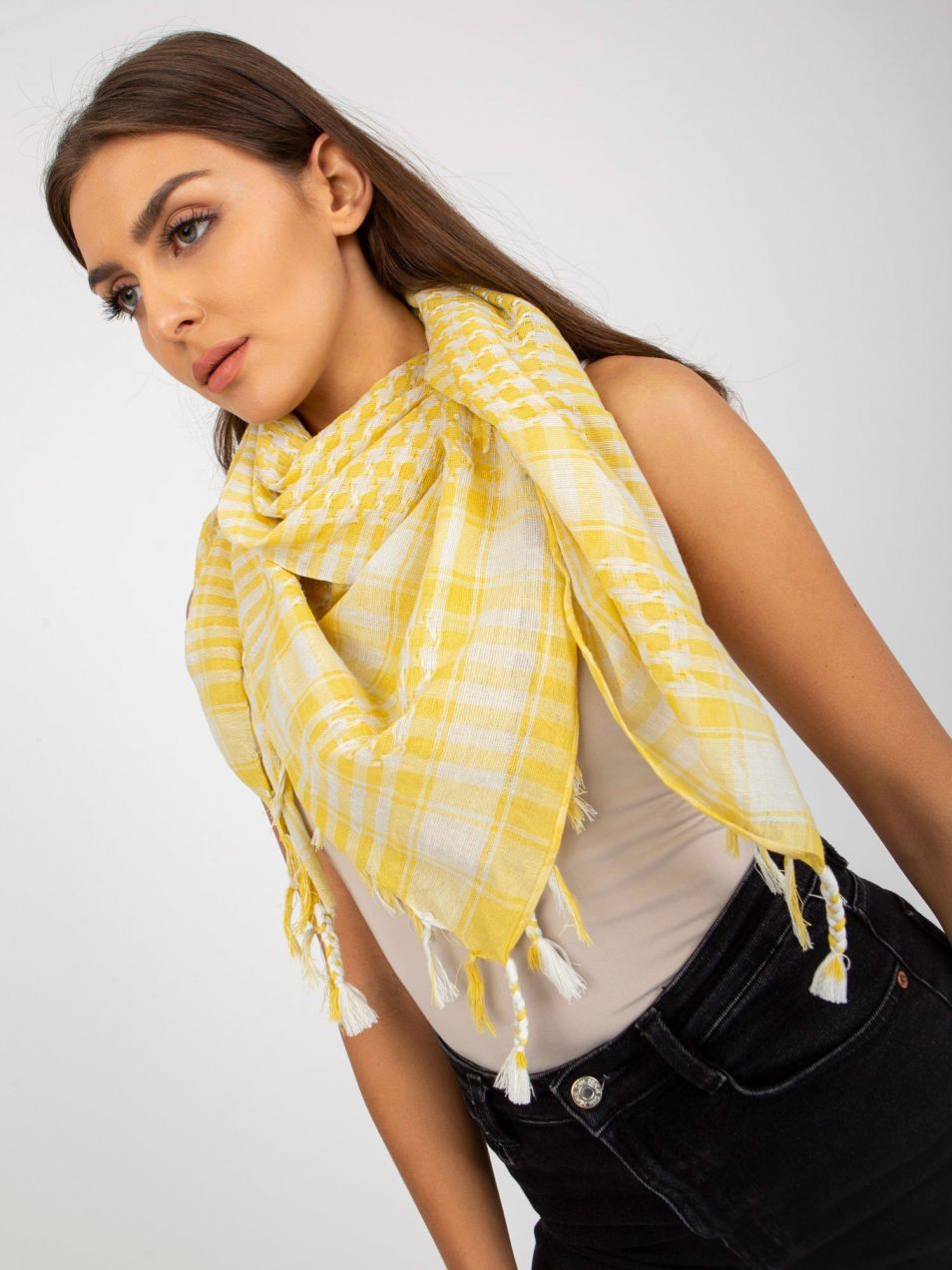 Light yellow and white scarf with fringe