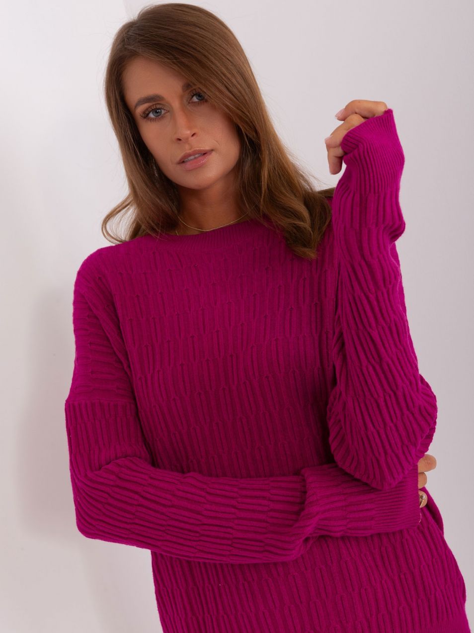 Purple classic sweater with a round neckline