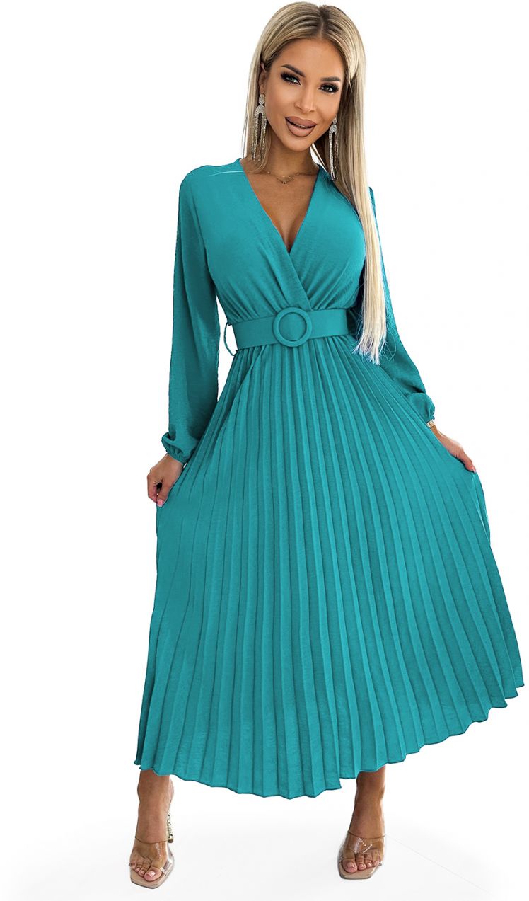 Pleated midi dress with a neckline, long sleeves and a wide belt Numoco