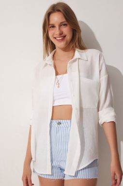 Happiness İstanbul Women's White Oversize Linen Ayrobin Shirt