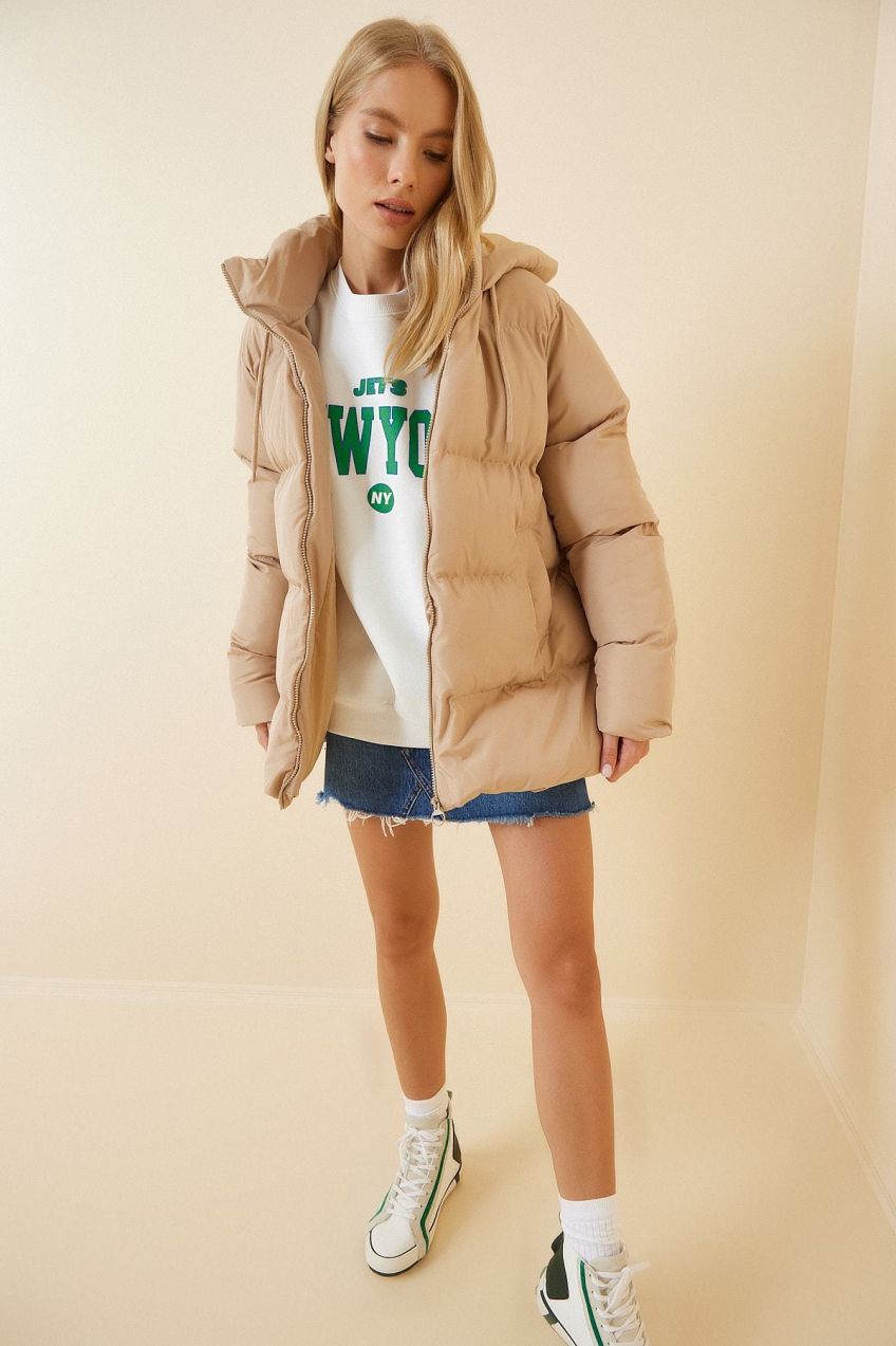Happiness İstanbul Women's Cream Hooded Oversize Down Coat