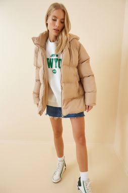 Happiness İstanbul Women's Cream Hooded Oversize Down Coat