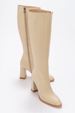 LuviShoes Decer dámske béžové kožené čižmy na podpätku