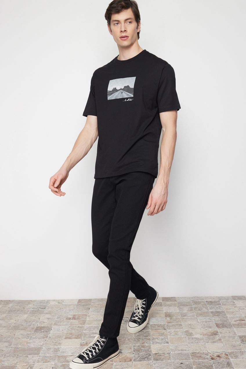 Trendyol Black Relaxed/Comfortable Cut Photo Printed 100% Cotton T-shirt
