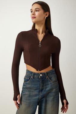 Happiness İstanbul Women's Brown Zippered Turtleneck Crop Knitted Blouse