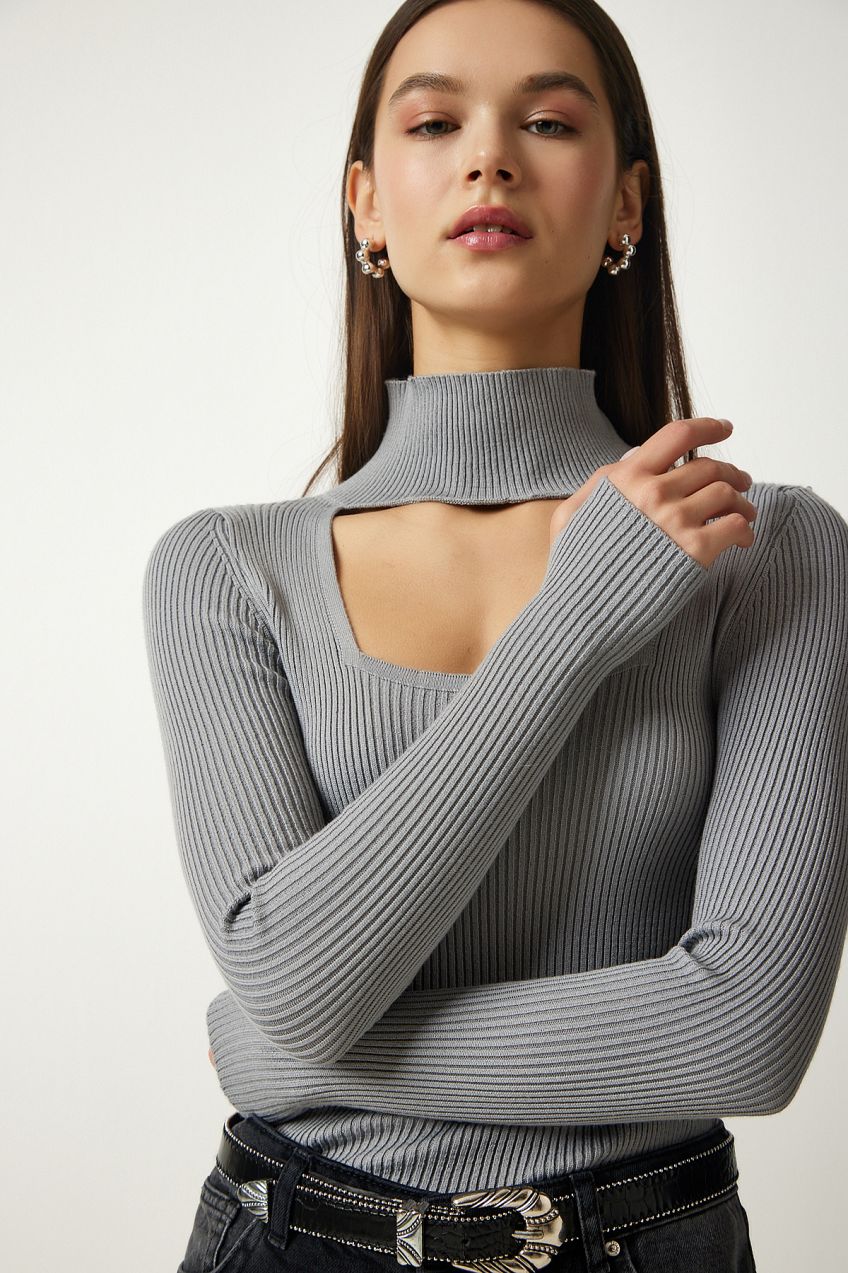 Happiness İstanbul Women's Stone Cut Out Detailed High Neck Ribbed Knitwear Sweater